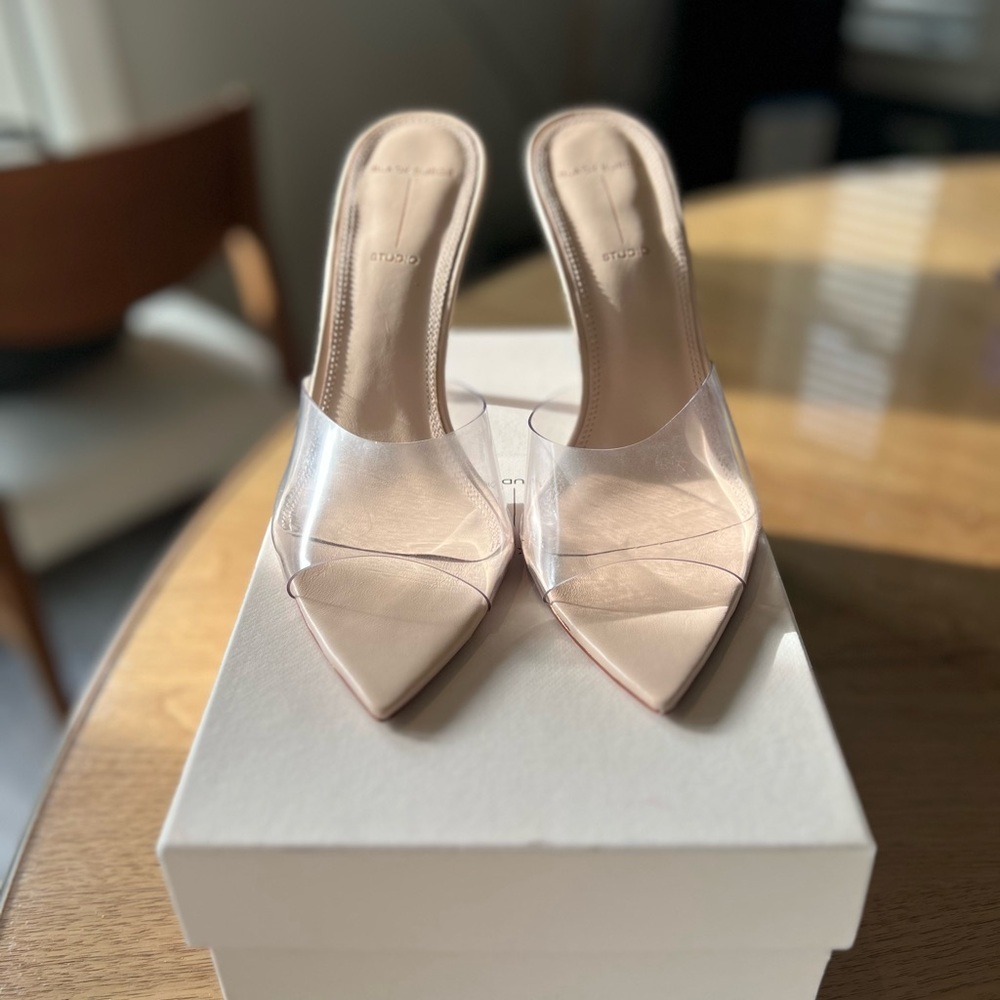 Black Suede Studio - Blush Leather/PVC Clear Heels, Sz 8